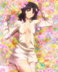 Rule 34 | 1girl, amagami, black hair, bottomless, field, flower, flower field, highres, lying, messy hair, naked shirt, navel, non-web source, on back, open clothes, open shirt, screencap, shirt, solo, stitched, tanamachi kaoru, third-party edit