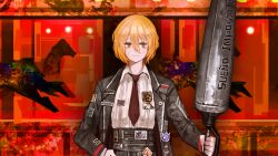 Rule 34 | 1girl, belt, black coat, blonde hair, bob cut, carousel, coat, collared shirt, don quixote (project moon), game cg, hair between eyes, highres, holding, holding polearm, holding weapon, lance, limbus company, nai ga, official art, open clothes, open coat, polearm, project moon, shirt, solo, weapon, white shirt, yellow eyes