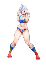 Rule 34 | 1girl, abs, absurdres, artist request, bare legs, bare shoulders, boots, breasts, cleavage, clenched hands, fighting stance, highres, kinnikuman, kinnikuman lady, kinnikuman lady (character), large breasts, looking at viewer, medium hair, muscular, muscular female, navel, short shorts, shorts, smile, solo, sports bikini, white background, white hair, wide hips, wrestling, wrestling outfit