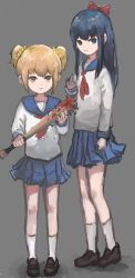 Rule 34 | 10s, 2girls, baseball bat, blue eyes, blue sailor collar, blue skirt, bow, brown footwear, censored, closed mouth, commentary request, fake censor, full body, grey background, hair bow, hair ornament, hair scrunchie, highres, holding, holding baseball bat, kneehighs, loafers, long hair, long sleeves, looking at viewer, middle finger, mosaic censoring, multiple girls, nail, nail bat, neckerchief, pipimi, pleated skirt, poptepipic, popuko, red bow, red neckerchief, rokojii, sailor collar, school uniform, scrunchie, serafuku, shirt, shoes, short hair, sidelocks, simple background, skirt, socks, standing, two side up, white legwear, white shirt, yellow scrunchie