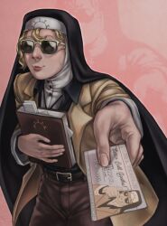 Rule 34 | 1girl, absurdres, adapted costume, belt, better call saul, blonde hair, book, breaking bad, business card, cowboy shot, double (skullgirls), highres, jacket, nun, outstretched arm, parody, pink background, pink lips, skullgirls, smile, solo, suit jacket, sunglasses, sweatdrop