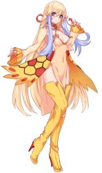 Rule 34 | 1girl, alternate color, blonde hair, blue hair, boots, bow, breasts, cleavage, covered navel, creatures (company), dress, full body, game freak, gen 3 pokemon, hair bow, halter dress, halterneck, high heels, katagiri hachigou, light blue hair, long hair, long sleeves, medium breasts, milotic, nintendo, personification, pokemon, red hair, shiny pokemon, simple background, solo, thigh boots, thighhighs, very long hair, white background, yellow bow, yellow dress, yellow thighhighs