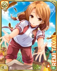 Rule 34 | 1girl, :o, bird, brown eyes, brown hair, card (medium), day, duck, farm, girlfriend (kari), jacket, looking at viewer, low twintails, official art, outdoors, pants, qp:flapper, red jacket, red pants, running, shirt, solo, tagme, tamai remi, track suit, twintails, white shirt