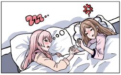Rule 34 | anger vein, bang dream!, bang dream! it&#039;s mygo!!!!!, blush, brown hair, brown shirt, chihaya anon, closed eyes, commentary, extreme yuri buta, holding hands, interlocked fingers, long hair, long sleeves, lying, nagasaki soyo, on side, open mouth, pajamas, parted bangs, pillow, pink hair, pink shirt, shirt, sidelocks, symbol-only commentary, under covers, yuri, zzz