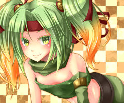 Rule 34 | 1girl, belt, checkered background, colored eyelashes, detached sleeves, duel monster, gradient hair, green eyes, green hair, hair tubes, headband, long hair, looking at viewer, matching hair/eyes, multicolored hair, orange hair, reeze, whirlwind of gusta, reeze whirlwind of gusto, ribbon, shintani tsushiya, smile, solo, symbol-shaped pupils, twintails, two-tone hair, yu-gi-oh!, yu-gi-oh! duel monsters