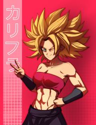 Rule 34 | 1girl, abs, blonde hair, blue eyes, caulifla, dragon ball, dragon ball super, hand on own hip, highres, kanji, long hair, looking at viewer, muscular, muscular female, one eye closed, pants, peace symbol, pink background, saiyan, smile, spiked hair, strapless, super saiyan, toned, toned female, tube top, upper body, wink
