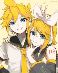 Rule 34 | 1boy, 1girl, :t, ahoge, aqua eyes, arm around back, bare shoulders, bass clef, black sleeves, blonde hair, blue eyes, blush, bow, bunny ears prank, detached sleeves, grin, hair bow, hair ornament, hairclip, hand on another&#039;s head, hand on another&#039;s shoulder, hand on own chin, headphones, headset, highres, kagamine len, kagamine rin, looking at viewer, monaka age, nail polish, necktie, number tattoo, pale skin, sailor collar, shirt, short ponytail, short sleeves, shorts, shoulder tattoo, sidelocks, sleeveless, sleeveless shirt, smile, swept bangs, tattoo, treble clef, twitter username, v, vocaloid, w, white bow, yellow nails, yellow necktie
