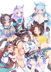 Rule 34 | 6+girls, aiguillette, animal ears, aqua eyes, asymmetrical gloves, belt, black gloves, blue hair, blunt bangs, boots, bow, bowtie, braid, breasts, brown eyes, brown hair, cleavage, commentary request, crop top, cropped jacket, crown braid, dress, ear bow, ear ornament, ear piercing, eyes visible through hair, fur trim, gloves, gold trim, green bow, green bowtie, green eyes, green necktie, green skirt, hair between eyes, hair ornament, hair over one eye, hairclip, highres, horse ears, horse girl, horse tail, jacket, knee boots, light blue hair, light purple hair, looking at viewer, mejiro ardan (umamusume), mejiro bright (umamusume), mejiro dober (umamusume), mejiro mcqueen (umamusume), mejiro palmer (umamusume), mejiro ryan (umamusume), midriff, miniskirt, mismatched gloves, multicolored hair, multiple girls, nabe puyo, navel, necktie, off-shoulder dress, off shoulder, one eye closed, piercing, puffy short sleeves, puffy sleeves, purple eyes, resolution mismatch, shoes, short hair, short shorts, short sleeves, shorts, skirt, source larger, tail, thigh strap, twin braids, two-tone hair, umamusume, white gloves, white hair, white jacket, yellow crop top