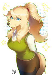 Rule 34 | 00niine, 1girl, animal ears, animal nose, arms behind back, artist name, black pantyhose, blonde hair, blue eyes, body fur, breasts, brown skirt, buttons, chromatic aberration, closed mouth, collared shirt, cowboy shot, dated, dog ears, dog girl, dog tail, elizabelle (00niine), female focus, furry, furry female, green outline, green vest, hair tie, happy, highres, large breasts, long hair, long sleeves, looking at viewer, miniskirt, original, outline, pantyhose, pencil skirt, ponytail, shirt, side slit, sidelocks, sideways mouth, signature, skirt, smile, snout, solo, sparkle, standing, star (symbol), tail, vest, white background, white shirt, yellow fur