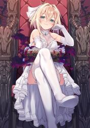 Rule 34 | 1girl, armpit crease, blonde hair, book, breasts, cleavage, closed mouth, commentary request, crossed legs, dress, elbow gloves, garter straps, gloves, green eyes, grimoire, hair intakes, halterneck, high heels, highres, holding, holding book, large breasts, looking at viewer, nozomi tsubame, open book, original, princess, short hair, sitting, smile, smug, solo, thighhighs, throne, white dress, white footwear, white gloves, white thighhighs