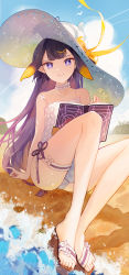 Rule 34 | 1girl, absurdres, beach, bird, blonde hair, blue sky, book, bow, choker, closed mouth, cloud, collarbone, day, flat chest, flower, flower choker, full body, happyongdal, hat, hat bow, highres, holding, holding book, hololive, hololive english, knees up, large hat, legs, long hair, looking at viewer, mole, mole under eye, multicolored hair, ninomae ina&#039;nis, one-piece swimsuit, outdoors, pointy ears, purple eyes, purple hair, sandals, sitting, sky, smile, solo, spaghetti strap, sun hat, swimsuit, tentacle hair, thigh strap, thighs, two-tone hair, virtual youtuber, water, white flower, white hat, white one-piece swimsuit, yellow bow