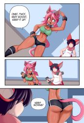 Rule 34 | 1boy, 1girl, :3, absurdres, animal ears, ass, bat ears, bat wings, breasts, cat ears, cat girl, cat tail, colored skin, curvy, dark-skinned female, dark skin, english text, furry, furry female, green eyes, gym uniform, hetero, highres, huge ass, large breasts, looking at another, looking at ass, low twintails, lucyfer, monster boy, navel, nikki (kevin ku), open mouth, original, revealing clothes, roy (lucyfer), sequential, shiny skin, short hair, short shorts, shorts, simple background, smile, standing, sweat, sweatdrop, tail, training, twintails, upper body, white skin, wide hips, wings