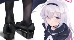 Rule 34 | 1girl, black choker, black footwear, black hairband, black jacket, black pantyhose, blue archive, blue sailor collar, blush, bow, braid, choker, closed mouth, feet only, footwear focus, grey eyes, hair bow, hair over one eye, hairband, halo, highres, jacket, loafers, long hair, looking at viewer, multiple views, neckerchief, one eye covered, pantyhose, parted bangs, pink halo, plana (blue archive), purple hair, sailor collar, school uniform, serafuku, shadow, shoes, simple background, upper body, variant set, white background, white bow, white neckerchief, ykt scl