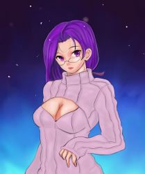 Rule 34 | 1girl, akira (yuibnm71), breasts, cleavage, cleavage cutout, clothing cutout, fate/stay night, fate (series), glasses, hair ribbon, highres, lips, long hair, looking at viewer, medusa (fate), medusa (rider) (fate), meme attire, open-chest sweater, purple eyes, purple hair, ribbed sweater, ribbon, semi-rimless eyewear, sleeves past wrists, solo, sweater, turtleneck, under-rim eyewear