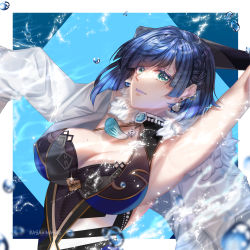 Rule 34 | 1girl, aqua eyes, armpits, arms up, black gloves, blue hair, blunt bangs, breasts, cleavage, cleavage cutout, clothing cutout, commentary, dice, earrings, elbow gloves, english commentary, eyeshadow, genshin impact, gloves, highres, jewelry, large breasts, looking at viewer, makeup, mole, mole on breast, purple lips, sae (asahinasae), short hair, single glove, sleeveless, solo, upper body, yelan (genshin impact)