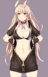 Rule 34 | 1girl, antenna hair, antennae, azur lane, bikini, black bikini, black collar, black hoodie, blonde hair, blush, breasts, cleavage, collar, collarbone, commentary request, cowboy shot, fingerless gloves, fuki to takenoko, gloves, green eyes, grey background, highres, holding, holding clothes, hood, hood down, hoodie, large breasts, long hair, long hoodie, looking to the side, midriff, navel, open clothes, open hoodie, open mouth, partially unzipped, shadow, short sleeves, sidelocks, simple background, solo, standing, steam, stomach, sweat, swimsuit, wasp (azur lane), zipper, zipper pull tab