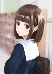 Rule 34 | 1girl, ashiya hiro, blue shirt, blurry, blurry background, blush, bob cut, briefcase, brown hair, closed mouth, commentary request, depth of field, getabako, highres, indoors, looking at viewer, looking back, original, purple eyes, sailor collar, school briefcase, school uniform, serafuku, shirt, short hair, smile, solo, white sailor collar