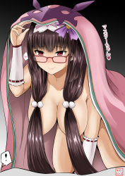 Rule 34 | !, 1girl, all fours, arm warmers, black background, blanket, blush, breasts, brown hair, cleavage, closed mouth, collarbone, convenient censoring, fate/grand order, fate (series), foreshortening, glasses, gradient background, hair bobbles, hair censor, hair ornament, hair over breasts, hairband, hand up, hanging breasts, heart, heart-shaped pupils, highres, large breasts, lips, long hair, low twintails, nose blush, nude, osakabehime (fate), out of frame, red-framed eyewear, smile, solo, speech bubble, spoken exclamation mark, spoken heart, symbol-shaped pupils, translated, tsurime, twintails, under covers, very long hair, yano toshinori