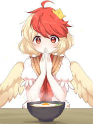 Rule 34 | + +, 1girl, ahoge, animal, animal on head, bird, bird wings, blonde hair, blush, bowl, chick, commentary request, covering own mouth, egg, food, hair between eyes, highres, looking down, multicolored hair, niwatari kutaka, on head, ougi hina, own hands together, puffy short sleeves, puffy sleeves, red eyes, red hair, red neckwear, shirt, short hair, short sleeves, simple background, solo, soup, sparkle, table, touhou, two-tone hair, upper body, white background, white shirt, wings