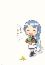 Rule 34 | 1girl, banana peel, blue gloves, blue hair, blue thighhighs, blush, chibi, closed eyes, commentary request, cup, elbow gloves, gloves, holding, holding tray, kantai collection, long hair, mae (maesanpicture), open mouth, samidare (kancolle), school uniform, serafuku, simple background, solo, swept bangs, thighhighs, translation request, tray, very long hair, white background, white serafuku, zettai ryouiki