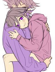 Rule 34 | 2boys, bare legs, blush, brown hair, carrying, closed eyes, commentary, danganronpa (series), danganronpa v3: killing harmony, foot out of frame, from side, grey background, hood, hoodie, hug, long sleeves, looking at viewer, male focus, momota kaito, multicolored hair, multiple boys, on (onon2659), oma kokichi, pink hair, purple eyes, purple hair, simple background, sitting, smile, two-tone hair