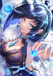 Rule 34 | 1girl, absurdres, blue hair, blue nails, breasts, chinnpou, cleavage, commentary request, dice, eyeshadow, fingerless gloves, genshin impact, gloves, green eyes, highres, holding dice, large breasts, looking at viewer, makeup, nail polish, parted lips, pink lips, short hair, solo, upper body, white gloves, yelan (genshin impact)