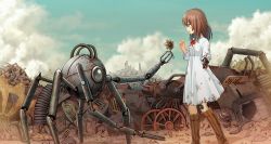 Rule 34 | 1girl, 1other, absurdres, amputee, android, blue eyes, blush, boots, brown footwear, brown hair, cloud, cloudy sky, cross-laced clothes, cross-laced dress, day, dirty, dress, flower, from side, gears, highres, junkyard, mechanical parts, medium hair, open mouth, original, profile, red neckwear, robot, rust, science fiction, sky, torn clothes, wheel, wire, yuuki koutarou