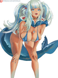 Rule 34 | 1girl, absurdres, adapted costume, aged up, alternate breast size, alternate hairstyle, alva (artofalva), bare legs, bent over, bikini, blue eyes, blue hair, blue nails, blunt bangs, breasts, cleavage, covered erect nipples, deep skin, feet out of frame, fins, fish tail, gawr gura, grey hair, hands on own knees, hanging breasts, highres, hololive, hololive english, hood, jewelry, long hair, looking ahead, multicolored hair, neck ring, necklace, open mouth, shark print, shark tail, sharp teeth, simple background, smile, solo, streaked hair, swimsuit, tail, tan, tanline, teeth, twintails, virtual youtuber, white background