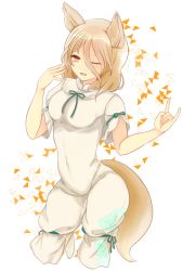 Rule 34 | 10and1000, 1girl, animal ears, blonde hair, breasts, brown eyes, commentary request, eyelashes, finger touching, fox ears, fox girl, fox shadow puppet, fox tail, green ribbon, kudamaki tsukasa, mandarin collar, medium hair, one eye closed, open mouth, ribbon, romper, short sleeves, small breasts, tail, touhou