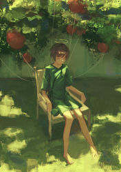 Rule 34 | 1girl, 7ife, absurdres, bad id, bad pixiv id, balloon, bare legs, barefoot, brown hair, bush, chair, closed mouth, commentary, english commentary, closed eyes, full body, grass, green shirt, halo, highres, hospital gown, huge filesize, original, outdoors, shade, shirt, short hair, short sleeves, sitting, solo