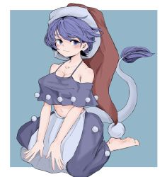Rule 34 | 1girl, bare shoulders, black capelet, blue background, blue eyes, blue hair, border, breasts, capelet, cleavage, closed mouth, doremy sweet, fe (tetsu), full body, hat, highres, large breasts, looking at viewer, navel, nightcap, red hat, seiza, short hair, simple background, sitting, smile, solo, tail, tapir tail, touhou, white border