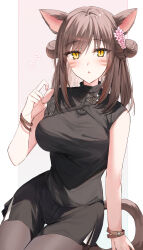 Rule 34 | 1girl, :o, animal ears, bare shoulders, black shirt, black shorts, breasts, brown hair, brown pantyhose, cat ears, cat girl, cat tail, commentary request, double bun, facial mark, final fantasy, final fantasy xiv, flower, hair between eyes, hair bun, hair flower, hair ornament, hand up, highres, kinona, large breasts, long hair, looking at viewer, miqo&#039;te, orange eyes, pantyhose, pantyhose under shorts, parted lips, pink background, pink flower, shirt, shorts, sleeveless, sleeveless shirt, slit pupils, solo, tail, two-tone background, whisker markings, white background