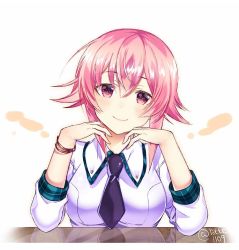 Rule 34 | 1girl, black necktie, blush, bracelet, breasts, chaos;child, closed mouth, collared shirt, hair between eyes, head tilt, jewelry, long sleeves, looking at viewer, medium breasts, medium hair, necktie, onoe serika, pink eyes, pink hair, rotte (1109), school uniform, shirt, smile, solo, twitter username, upper body, white background, white shirt, wing collar