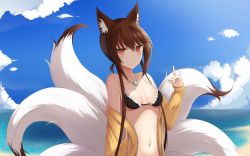 Rule 34 | 1girl, animal ears, beach, bikini, blush, breasts, brown hair, cleavage, day, fox ears, fox girl, fox tail, girls&#039; frontline, highres, jacket, jewelry, looking at viewer, medium breasts, multiple tails, navel, necklace, off shoulder, orange eyes, sidelocks, smile, solo, swimsuit, tail, type 79 (girls&#039; frontline), xiaobai (cheng pan)