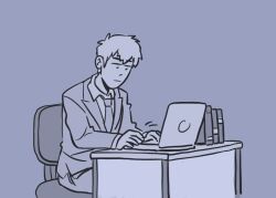 Rule 34 | 1boy, aalexfletcher, chair, closed mouth, commentary, computer, desk, english commentary, highres, laptop, long sleeves, male focus, mob psycho 100, monochrome, necktie, reigen arataka, short hair, simple background, sitting, solo, typing