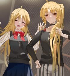 Rule 34 | 2girls, ahoge, alternate hairstyle, black choker, black shirt, blonde hair, bocchi the rock!, bow, bureoeve, chain-link fence, choker, closed mouth, collared shirt, fence, hair down, hairstyle switch, highres, ijichi nijika, ijichi seika, long hair, long sleeves, multiple girls, open mouth, pants, ponytail, red bow, red eyes, school uniform, shirt, siblings, side ponytail, sidelocks, sisters, smile, striped clothes, striped pants, vertical stripes, very long hair, white shirt