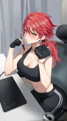 Rule 34 | 1girl, bare shoulders, black gloves, black nails, black pants, black sports bra, blurry, blurry background, blush, breasts, chair, cleavage, controller, desk, drawing tablet, game controller, gloves, highres, holding, holding controller, holding game controller, holding stylus, large breasts, long hair, looking at viewer, low-tied long hair, maenoo, midriff, nail polish, navel, office chair, original, pants, partially fingerless gloves, red hair, single glove, sitting, sports bra, stylus, swivel chair, tablet pc, tourbox, yellow eyes, yoga pants