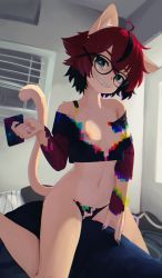 Rule 34 | 1girl, aeiou (yoako), ahoge, animal ear fluff, animal ears, animal nose, artist name, bare shoulders, black-framed eyewear, black eyes, black hair, black panties, body fur, breasts, cat ears, cat girl, cat tail, cellphone, commentary, crop top, digital dissolve, dissolving clothes, english commentary, furry, furry female, glasses, glitch, grey nails, grin, hair between eyes, hair ornament, head tilt, highres, holding, holding phone, indoors, midriff, multicolored hair, nail polish, navel, nipples, off-shoulder shirt, off shoulder, original, panties, phone, power symbol-shaped pupils, red hair, sharp teeth, shirt, short hair, small breasts, smartphone, smile, solo, straddling, strap slip, streaked hair, symbol-shaped pupils, tail, teeth, two-tone hair, underwear, x hair ornament, yoako