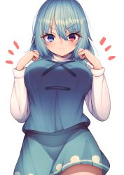 Rule 34 | 1girl, blue eyes, blue hair, blue skirt, blue vest, breasts, closed mouth, cowboy shot, cross-laced clothes, darumoon, hair between eyes, heterochromia, highres, large breasts, long sleeves, looking at viewer, red eyes, shirt, short hair, simple background, skirt, smile, solo, standing, tatara kogasa, touhou, turtleneck, v-shaped eyebrows, vest, white background, white shirt