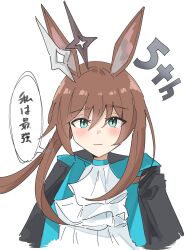 Rule 34 | 1girl, amiya (arknights), amiya (medic) (arknights), animal ears, arknights, arms at sides, ascot, black jacket, blue eyes, blue jacket, blush, brown hair, closed mouth, dot nose, enunomiya, hair between eyes, highres, jacket, long hair, long sleeves, looking at viewer, open clothes, open jacket, ponytail, rabbit ears, rabbit girl, sidelocks, simple background, smile, solo, translation request, two-sided fabric, two-sided jacket, upper body, very long hair, white ascot, white background
