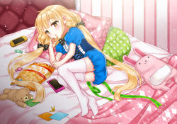 Rule 34 | 10s, 1girl, bed, blonde hair, brown eyes, chips (food), food, futaba anzu, handheld game console, idolmaster, idolmaster cinderella girls, long hair, looking at viewer, lying, naomi (fantasia), pillow, playstation portable, solo, stuffed animal, stuffed rabbit, stuffed toy, teddy bear, thighhighs, twintails, very long hair, white thighhighs