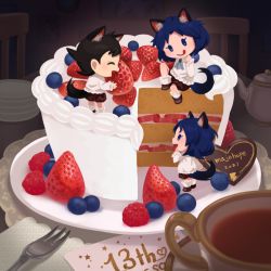 Rule 34 | 3girls, animal ears, black hair, blue eyes, blue hair, blueberry, blush, cake, character request, cup, food, fork, fruit, icing, inazuma eleven, inazuma eleven (series), long sleeves, majohope, mini person, minigirl, multiple girls, no nose, open mouth, plate, profile, shadow, shirt, short hair, smile, strawberry, tail, teapot, white shirt