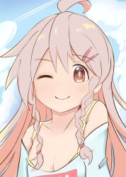 Rule 34 | 1girl, ;), ahoge, bare shoulders, blue sky, bra, braid, breasts, brown eyes, cleavage, cloud, collarbone, commentary, contrail, grey hair, hair between eyes, hair ornament, hairclip, highres, long hair, looking at viewer, off shoulder, one eye closed, onii-chan wa oshimai!, oversized clothes, oversized shirt, oyama mahiro, pink hair, shirt, sky, small breasts, smile, solo, twin braids, underwear, upper body, yellow bra, zokusei unei