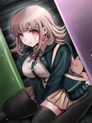 1girl animal_bag blush breasts brown_hair cat_bag collared_shirt danganronpa_(series) danganronpa_2:_goodbye_despair flipped_hair galaga hair_ornament hood ikemen&#039;na_ore-shi jacket long_sleeves looking_at_viewer medium_hair nanami_chiaki neck_ribbon open_clothes open_jacket pink_bag pink_eyes pink_ribbon ribbon shirt skirt smile solo thighhighs white_shirt