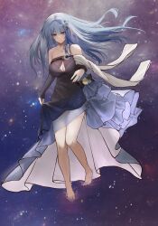 Rule 34 | 1girl, absurdres, alc.3vol, barefoot, blue eyes, blue hair, breasts, cleavage, dress, girls&#039; frontline, girls&#039; frontline neural cloud, hair ornament, highres, hubble (ever-radiant star) (neural cloud), hubble (neural cloud), jewelry, large breasts, light blue hair, multicolored hair, official alternate costume, ring, smile, solo, space, streaked hair