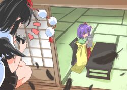 Rule 34 | 2girls, absurdres, bird wings, black feathers, black hair, black skirt, black wings, camera, commentary request, falling feathers, feathered wings, feathers, flower, flying, green kimono, hair flower, hair ornament, hakama, hat, hieda no akyuu, highres, holding, holding camera, japanese clothes, kimono, long skirt, long sleeves, miniskirt, multiple girls, newspaper, open mouth, pleated skirt, pointy ears, pom pom (clothes), puffy short sleeves, puffy sleeves, purple eyes, purple hair, reading, red hat, red skirt, shameimaru aya, shirt, short hair, short sleeves, skirt, sliding doors, table, tassel, tatami, tokin hat, touhou, white shirt, wide sleeves, wings, yakousei no kame, yellow kimono