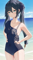 Rule 34 | 1girl, :o, absurdres, alternate costume, aqua eyes, bare arms, bare shoulders, black one-piece swimsuit, black ribbon, blue sky, breasts, clothing cutout, cloud, commentary request, covered navel, cowboy shot, day, frilled one-piece swimsuit, frills, genshin impact, hair between eyes, hair ribbon, highres, looking at viewer, medium breasts, mona (genshin impact), ocean, one-piece swimsuit, outdoors, paid reward available, parted lips, ponytail holder, ribbon, rosumerii, side cutout, sidelocks, single-shoulder one-piece swimsuit, single bare shoulder, sky, solo, spaghetti strap, standing, swimsuit, thighs, twintails