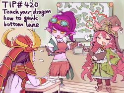 Rule 34 | 3girls, armor, class, colored skin, dragon, dragon trainer lulu, dragon trainer tristana, english text, goggles, goggles on head, hat, helmet, league of legends, long hair, lulu (league of legends), map, midriff, multiple girls, navel, nisimorou, open mouth, pointy ears, ponytail, purple hair, purple skin, shyvana, tristana, white hair, yordle