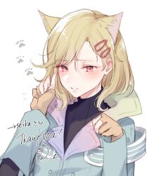 Rule 34 | 1other, animal ears, antenna hair, aqua coat, blonde hair, cat ears, coat, fingerless gloves, gloves, gnosia, hair between eyes, hair ornament, hairclip, highres, looking at viewer, nekotemari, other focus, red eyes, setsu (gnosia), short hair, simple background, solo, turtleneck, upper body, white background