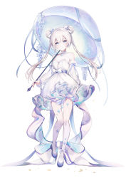 Rule 34 | 1girl, absurdres, ankle bow, ankle ribbon, bare shoulders, blue eyes, bow, choker, closed mouth, collarbone, commentary request, crescent, detached sleeves, double bun, dress, full body, hair bun, highres, holding, holding umbrella, leg ribbon, leg up, long hair, looking at viewer, original, reflective floor, ribbon, see-through, see-through sleeves, shadow, sleeve bow, solo, sparkle, star (symbol), umbrella, white background, white choker, white dress, white hair, yuna (deadawon)